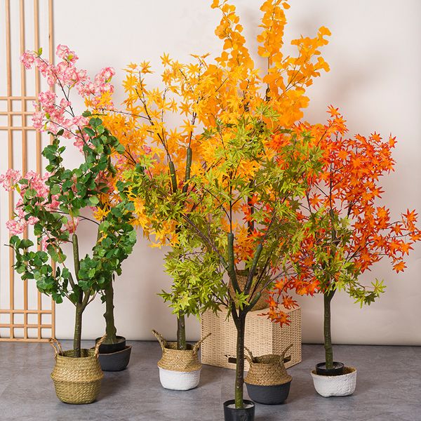 Fiori artificiali Albero di acero rosso Pianta bonsai in vaso con foglia di ginkgo per la casa Soggiorno Giardino Ristorante Ornamento da pavimento