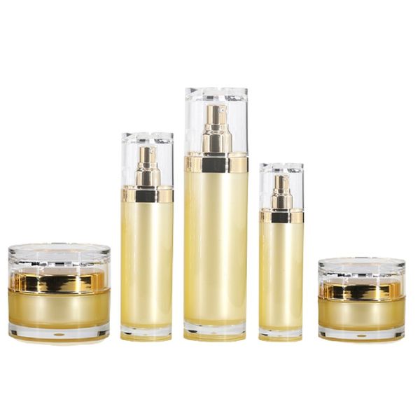 Garração de loção de acrílica de ouro vazia Tampa limpa de garrafa clara 30ml 50ml 100ml portátil Luxury Skincare Facial Cream Jars 20g 30g 50g