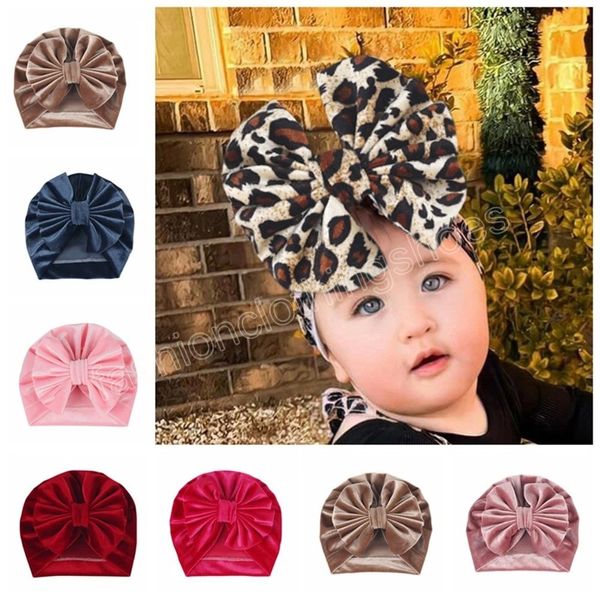 Cappello da bambina in flanella con fiocco grande, berretto da turbante morbido per bambini, berretti leopardati, oggetti di scena per foto, regali, accessori per capelli