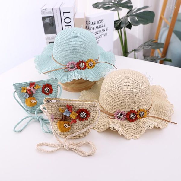 Cappelli Estate Bambino Cappello di paglia e borsa Set Outdoor Kids Holiday Sun Girls Baby Cute Sweet Flowers Beach Cap Gorros