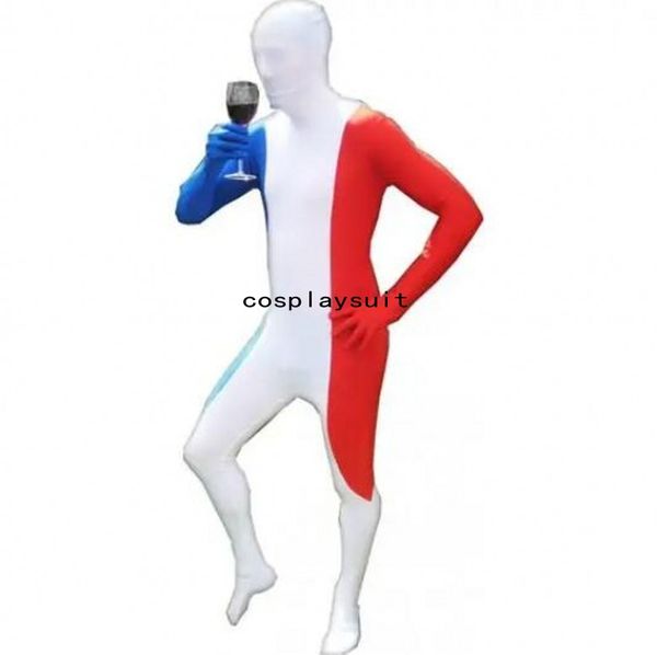 Ausgefallene Catsuit-Kostüme mit Frankreich-Flagge, Ganzkörperanzug, Kleid, Zentai-Second-Skin-Anzug, Kostüm, Spandex-Overall