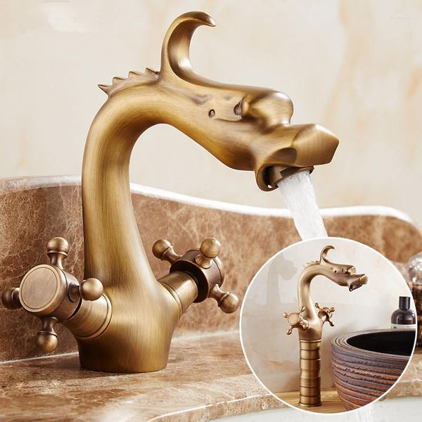 Rubinetti per lavandino del bagno Rubinetto per lavabo intagliato a drago Bronzo antico Miscelatore a doppia maniglia per lavabo di lusso