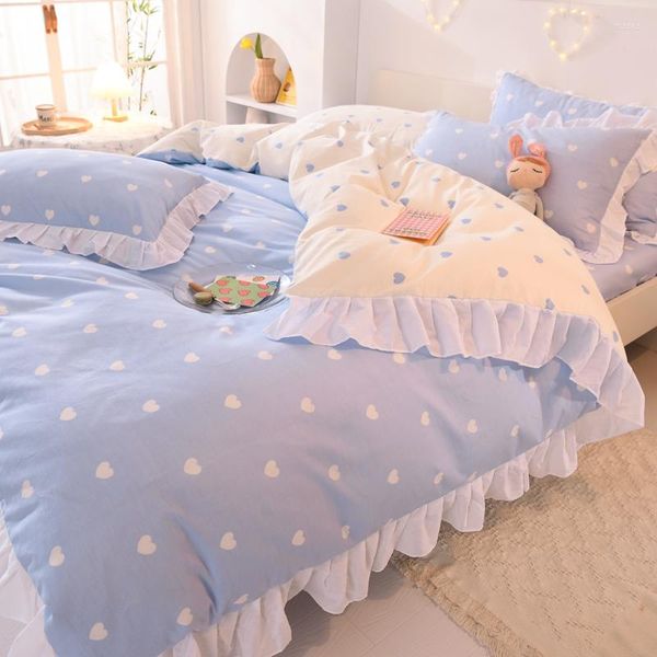 Set di biancheria da letto Ins Fashion Set in cotone solido con lenzuolo con angoli Cute Princess AB Copripiumino con volant double face Federa Full Size