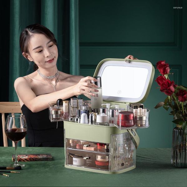 Caixas de armazenamento STOMMIHO Caixa de cosméticos grande com maquiagem LED espelhado à prova d'água Organizador de beleza Rack de gaveta