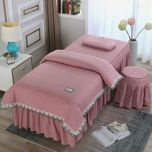 Bettwäsche-Sets 4 Stück Schönheitssalon Massage Spa Bettdecke Bedskirt mit Loch Kissenbezug Hocker Dulvet