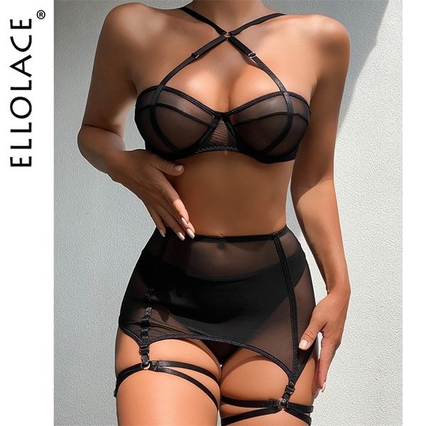 Сексуальный набор Ellolace Sensual Lingere Exotic Bangage Garter с чулками прозрачная бюстгальтер Интимная жесткая женщина 3peece Black Fancy Thankbear 221010