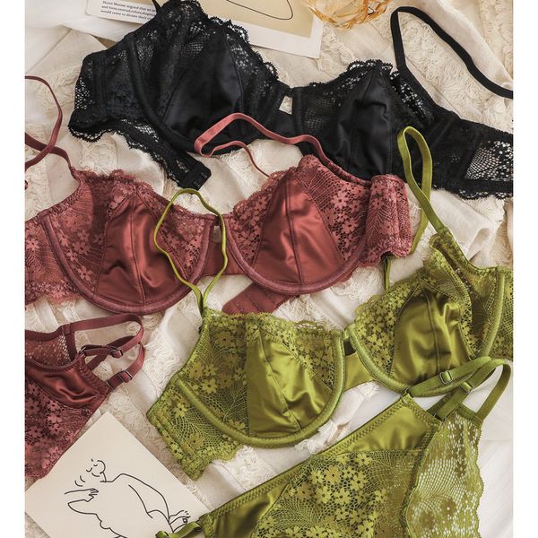 Set di reggiseni S M L XL 4 colori Raso ultrasottile Biancheria intima sexy da donna In pizzo Scava fuori Mutandine Intimo da donna di grandi dimensioni Push Up Lingerie verde 221010