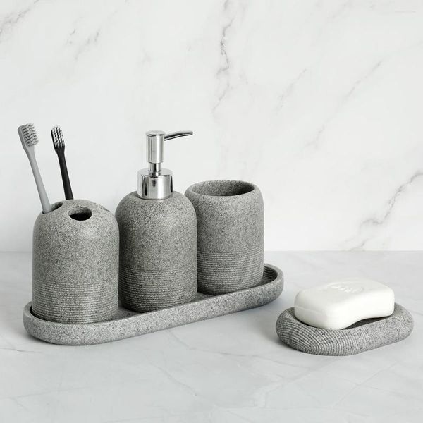Badzubehör-Set für Badezimmer, 4-teilig, Aufsatz-Lotion-/Seifenspender, Zahnbürstenbecherhalter, Becher und Tablett, grauer Sand