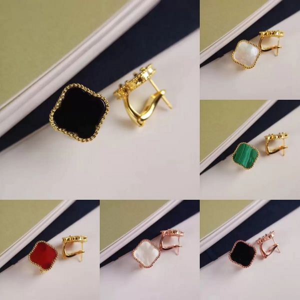 Moda vintage foglia di trifoglio fascino orecchini a bottone clip posteriore madreperla argento placcato oro 18 carati cleef per le donne ragazza fiore verde furgone di San Valentino regalo gioielli di nozze