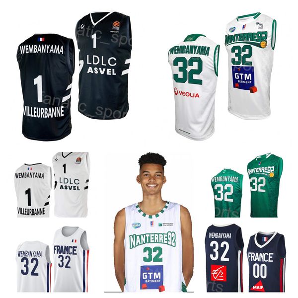 Impressão National U19 France Basketball 32 Victor Wembanyama Jersey Nanterre 92 Team Maillot LDLC ASVEL Camisa azul marinho branco verde preto para fãs de esportes Copa do mundo da Fiba