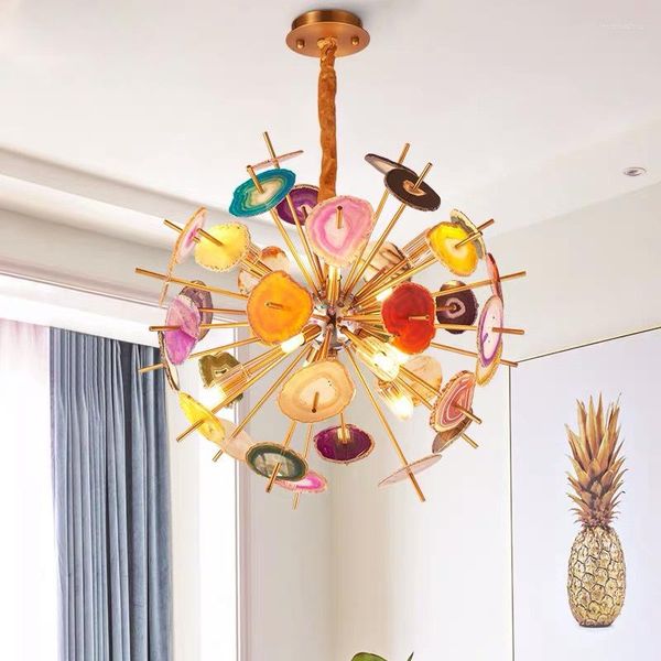 Pendelleuchten Moderne Luxus-LED-Kronleuchter 60/80 cm Bunte Achatstein Löwenzahnform Glanzleuchte Wohnzimmer Restaurant Hanglamp