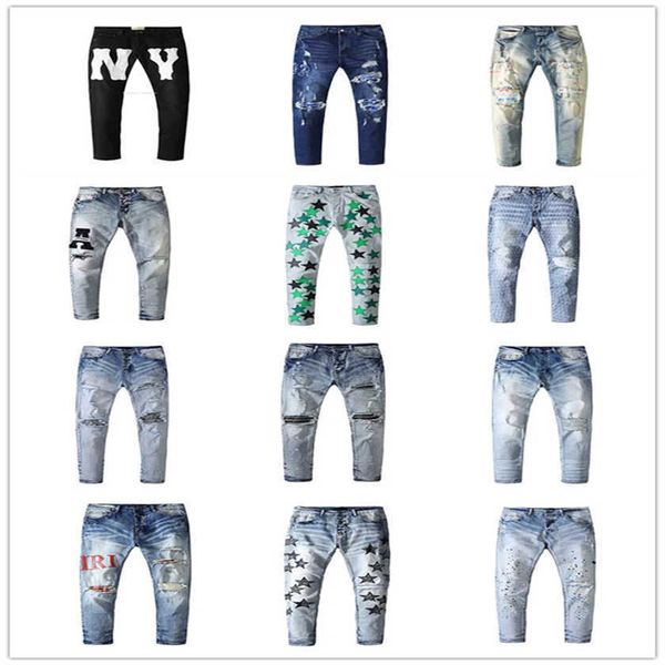 Amari Jeans larghi neri Pantaloni firmati da uomo Vita media Slim Fit Colore azzurro Cotone lungo Crea vecchio adesivo ricamato con stella a cinque punte alto