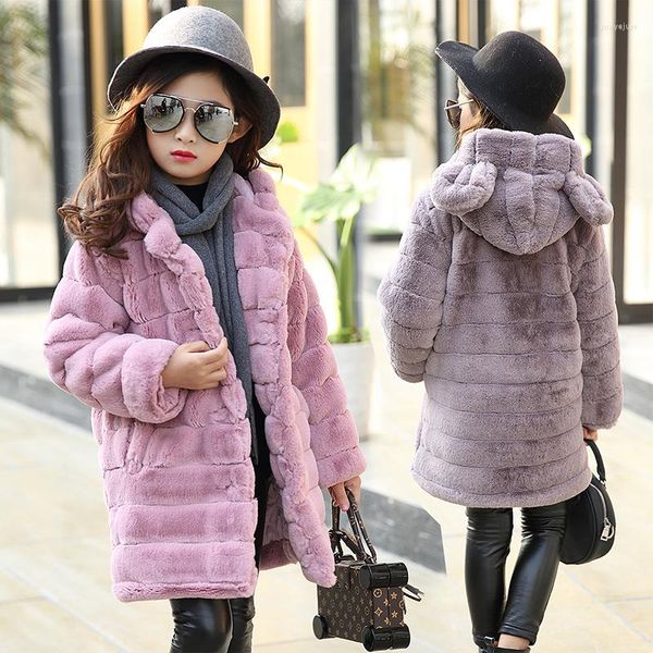 Jaquetas 3-12t Faux Pur Coat Girl Winter Warm 2022 Moda Moda Capuz Sólida grossa longa e macia casual rosa cinza de alta qualidade