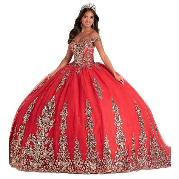 Anguria Abiti Quinceanera Glitter Paillettes Dolce 15 Abito da ballo Al largo della spalla Applicazioni di pizzo Messico Ragazze Abiti De XV Anos 326 326