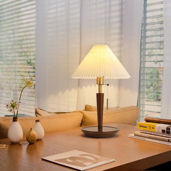 Tischlampen, asiatische Massivholz-Stoffschirm-LED-Lampe, E27, verkaufen Dekorationslichter, Leselicht im nordischen Stil