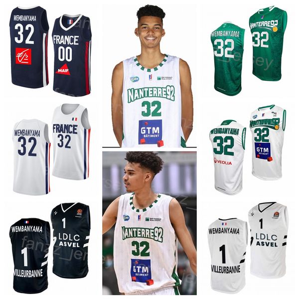 Баскетбольная национальная сборная Франции до 19 лет LDLC ASVEL Jersey Nanterre 92 32 Victor Wembanyama Team Maillot Дышащий цвет Темно-синий Белый Зеленый Черный Высокий