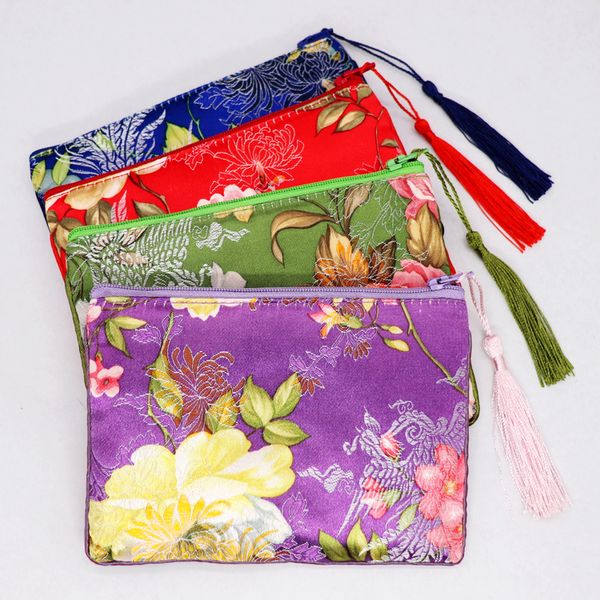 Пользовательские маленькие мешочки на молнии толстые китайские вышившие шелковые парчовые сумки для хранения ювелирных изделий для хранения женщин женский макияж Комплект монеты 50 шт./Лот