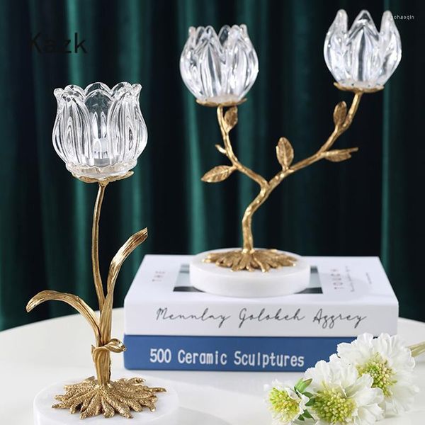Portacandele Luce di lusso Tulipano Candelabri in vetro cristallo Rame vintage Art Base in marmo Portafiori Decorazione della tavola di nozze per la casa