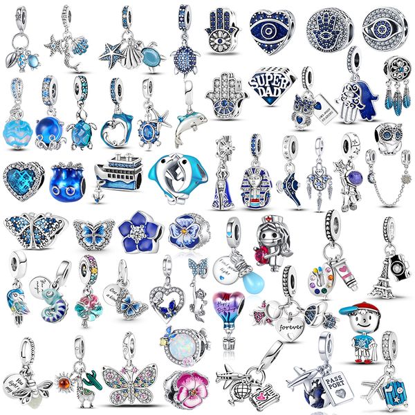 925 STERLING SLATER Dangle Charme Mulheres Mercados de Jóias de alta qualidade Presente de joias Plata de ley Olhos malignos coruja azul Dolphin Butterfly Flor Fit Pandora Diy