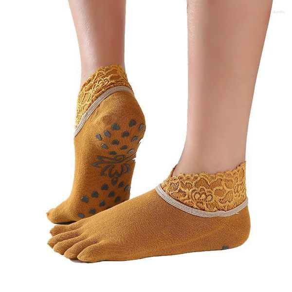 Sport Socken 2 Paar Frauen Pilates Baumwolle Fünf Finger Kurze Yoga Socke Mit Spitze Weibliche Ballett Training Nicht-slip