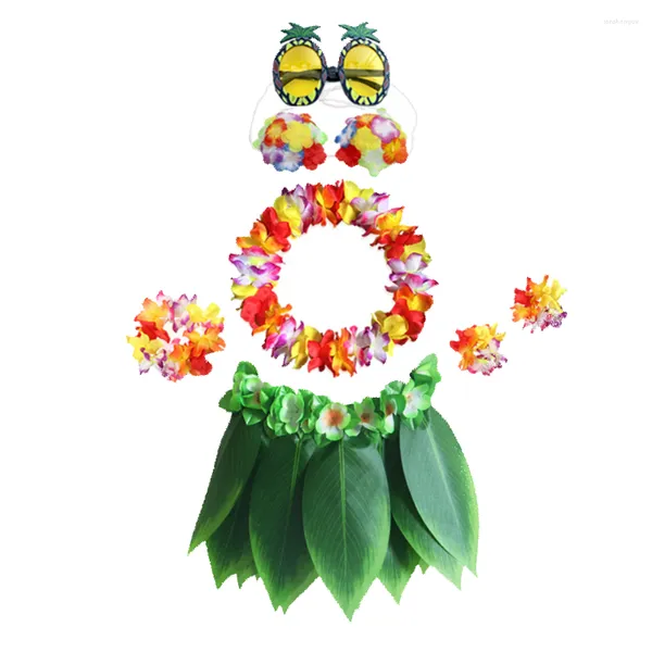 Fiori decorativi 7 pezzi in 1 set Hawaiian Luau Party Ananas Occhiali da vista Costume colorato Foglia artificiale Erba Gonna Bracciali Fascia