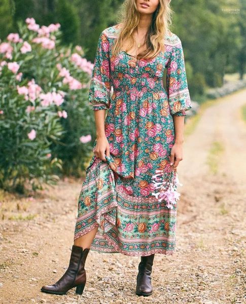 Lässige Kleider Happie Queens Frauen Blumendruck Knopf Strand Böhmisches Maxikleid Damen Kreuz V-Ausschnitt Sommer Rayon Boho Sommerkleid