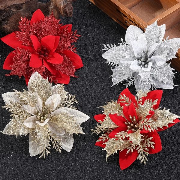 Ornamento de Natal artificial Glitter Flowers Fross Feliz Natal Decorações em casa Ano Novo