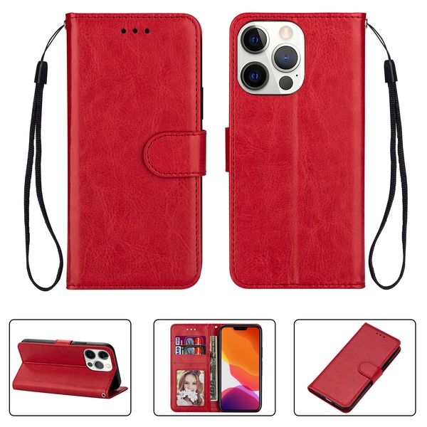Brieftaschen-Handyhüllen für iPhone 13 12 11 Pro Max XR XS X 7 8 Plus – einfarbiges Crazy Horse-Muster PU-Leder Flip Kickstand Cover Case mit Kartenfächern