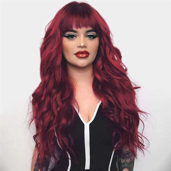 Perucas sintéticas Novo estilo Wig Wig Feminino Comprimento Médio Cabelo Curado Vinho Preto Vermelho Big onda Big Wig Alta temperatura seda 221010