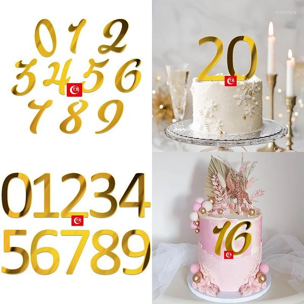 FESTIMENTOS DE FESTO 1 Conjunto 0-9 Números Bolo de Feliz Aniversário Topper Gold Gold Acrílico Cupcake de Casamento para Decorações