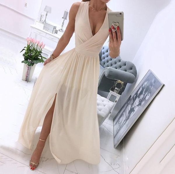 Abiti casual 2022 Fashion Ladies Sexy Women Beach Profondo scollo a V Summer Party senza maniche A-Line High Slits Abito formale midi