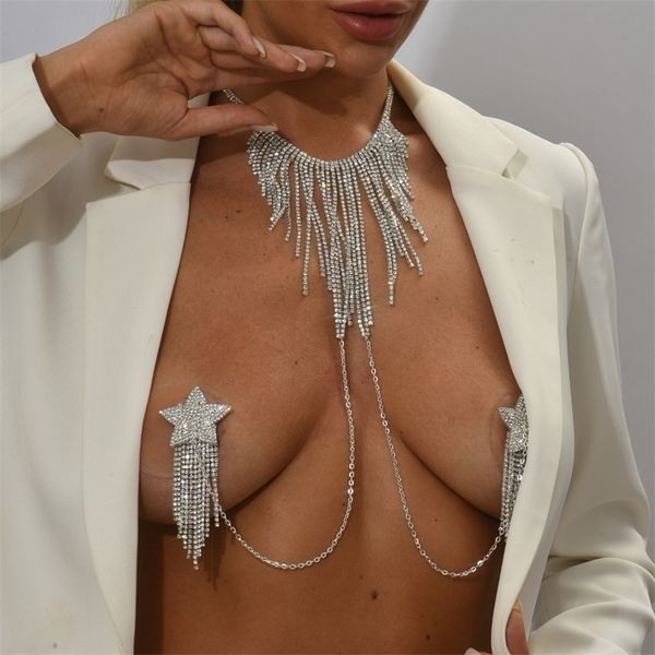 Anderer Stil Kristallquaste Halskette Kette Stern Brustaufkleber Selbstklebender Körperschmuck für Frauen Nippelabdeckungen Zubehör 221008