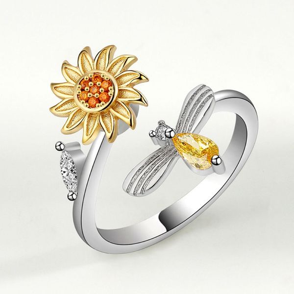 2022 Beliebter Sonnenblumen-Kristall-Schmetterlings-Frauen-drehbarer Ring, verkupferter Platin-weiblicher Zirkon, dekomprimieren, offener, größenverstellbarer Fingerschmuck, Geburtstagsgeschenk