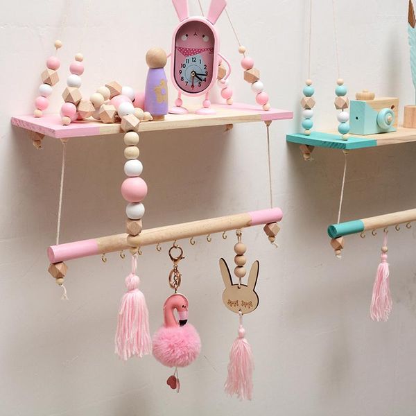 Haken Nordic Kinderzimmer Dekorative Lagerung Rack Doppel Holz Perle Quasten Regale Wand Seil Hängen Regal Hause Haken Kinder Mantel