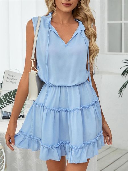 Casual Kleider Rüschen Einfarbig Sommer Kleid Frauen 2022 Mode Ärmellose Strand V-ausschnitt Elegante Baggy Mini Robe Für Femme