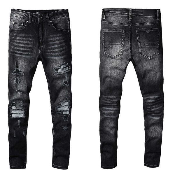 Erkek sıska, yırtık kot pantolonlar için siyahlar için diz gri yama ile diz çökmüş biker denim streç sıkıntılı motor moda