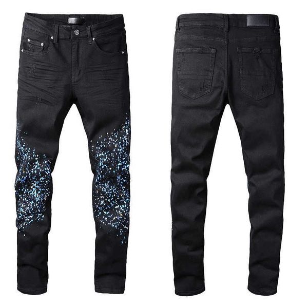 Jeans neri da uomo con vernice blu Denim Skinny Slim Biker Moto Hip Hop Straight Leg Spray On Vintage Distress Stretch for Guys Man Rip Fits