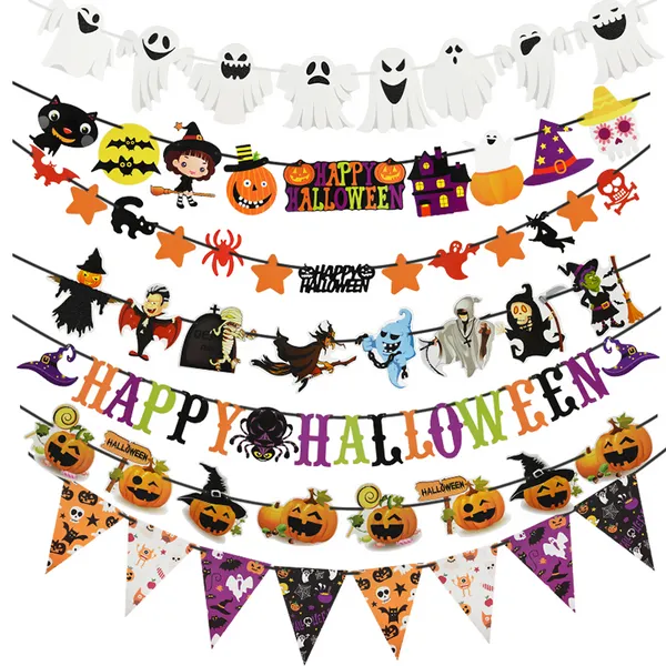 Halloween Banner pendurado Garland bandeira bandeira Bat Pumpkin Ghosts Spider Paper Banner Halloween Party Decora￧￵es de terror adere￧os de terror