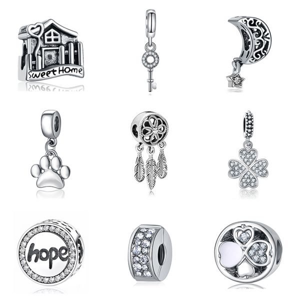 925 Sterling Silver Ciondola Charm Donna Perline Gioielli di alta qualità Regalo Commercio all'ingrosso Home Love Lucky Clover Bianco Clear CZ Bead Fit Pandora Bracciale fai da te