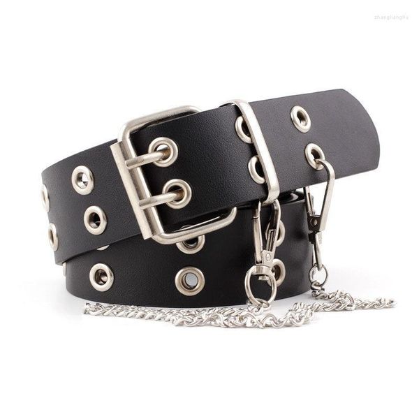 Gürtel Vintage Frauen Punk Kette Gürtel Schwarz Doppel Einzelne Öse Öse Leder Schnalle Weibliche Damen Taille Jeans GürtelGürtel