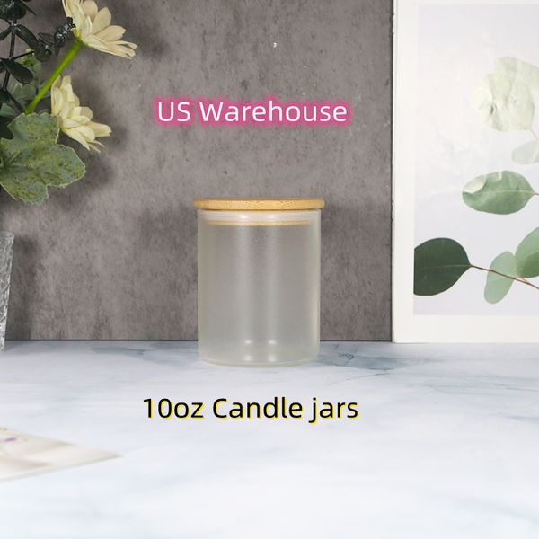 STOCK IN USA Bicchiere vuoto per sublimazione da 10 once Barattoli per candele in vetro smerigliato con coperchi in bambù per realizzare candele Z11