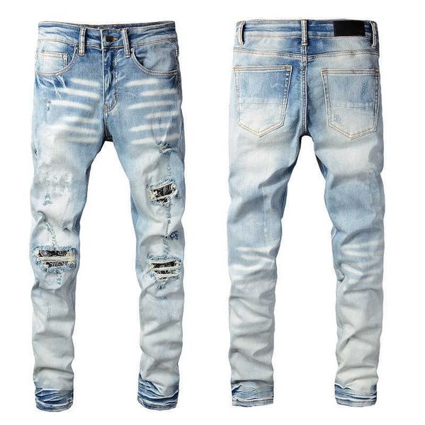 Masculino jeans jeans jeans jeans skinny rock slim motociclista moto hip hop perna reta azul claro patch vintage alongamento para homem rasgado cal￧a