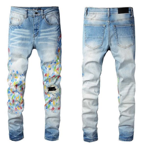 Herren Paint Jeans Denim Skinny Slim Biker Moto Hip Hop Gerades Bein Blauer Patch Vintage Distress Stretch für Männer Jungs Knie zerrissene Hose lang