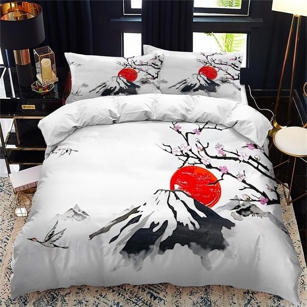 Bettwäsche-Sets im japanischen Stil, Bettbezug-Set, King-Size-Bett, Queen-Size-Bett, Ukiyoe-Thema, Wellenmuster, Polyester-Bettwäsche-Set, Fuji Mountain, exotischer Stil, 221010