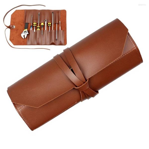 Bolsas de armazenamento Multifuncional Leather Tool Roll Bolel Kit Kit Bolsa Gravura Caixa de madeira