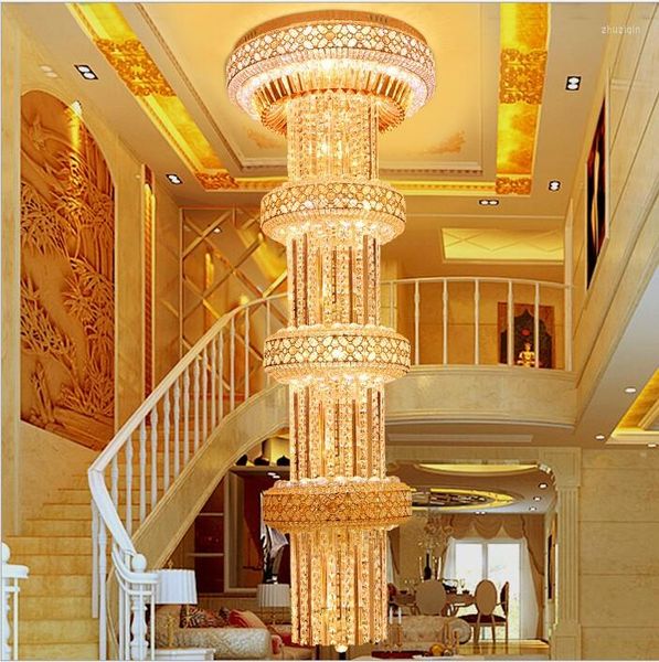 Lampade a sospensione Modern Golden Color D600mm H2000mm LED Lampadario di cristallo di lusso grande K9Crystal per El Lobby Double Floor E14 30 Lampada