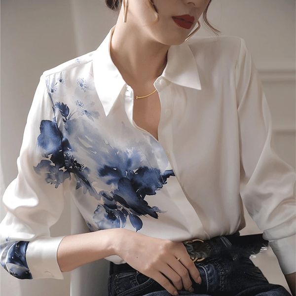 Autumn nova camisa de chiffon de impress￣o de tinta vintage gola virada de coleira longa Blusa de cetim Mulheres de ver￣o Casual de estilo coreano