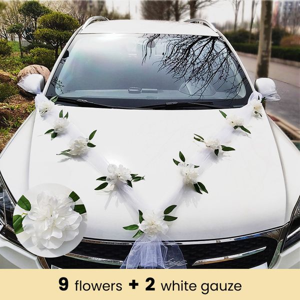 Finto floreale verde fai da te fiore artificiale bianco matrimonio auto nuziale decorazione auto maniglia porta nastri angolo di seta fiore Galand con tulle regali set 221010