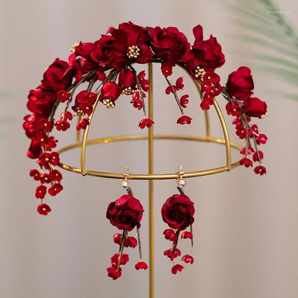 Copricapo Red Bud Flower Hairband Bride Toast Dress Fasce cinesi Accessori per tiara da sposa