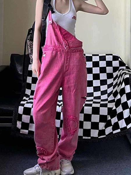 Damen Jeans Rose Red Denim Jumpsuit Streetwear Jean Overalls Sommer Y2K Chic Design Vintage Baggy Straight Oversized 221011